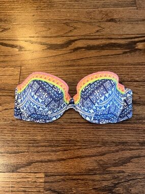 Victoria's Secret Blue Patterned Strapless Bikini Top with Pink and Yellow Trim